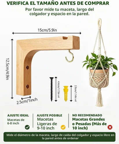 Vista 3 de Colgador de plantas de macramé, macetas colgantes de pared para plantas de interior, ganchos de madera para macetas al aire libre, carillón