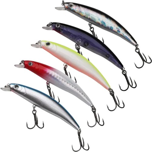 Vista 5 de Kit de señuelos de pesca mezclados, incluyendo ojos 3D Hard Minnow Popper cebos de manivela con ganchos para agua salada, trucha, lubina, salmón