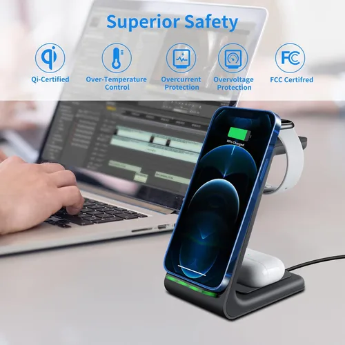 Vista 7 de Cargador inalámbrico para iPhone, YOCUNKER 3 en 1 Qi estación de carga inalámbrica rápida para múltiples dispositivos Apple Watch Series