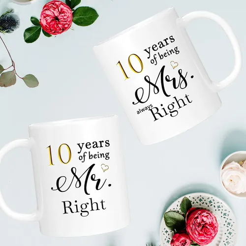 Vista 2 de Juego de 2 tazas de café para el 10º aniversario, regalos de boda para parejas, padres, hombres, mujeres, marido, esposa, él, ella, caja de regalo
