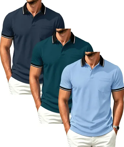 Vista 15 de GEEK LIGHTING Paquete de 3 camisas polo de manga corta con bolsillo para Negro Gris Armygreen