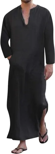 Vista 15 de Jacansi - Bata de cuello en V para hombre, manga corta, división lateral, caftán de algodón, thobe largo, tallas S-3XL Púrpura-gris #1
