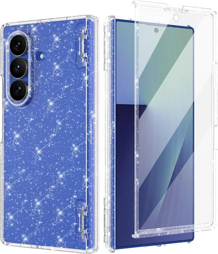 Vista 13 de Btscase Funda para Samsung Galaxy Z Fold 5, protector de pantalla frontal integrado, patrón de mármol dorado con purpurina de policarbonato duro