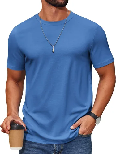 Vista 15 de COOFANDY Camiseta de manga corta para hombre, de mezcla de algodón, cuello redondo, informal, para verano, básica Verde militar
