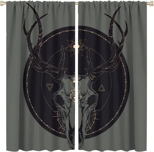 Vista 30 de BAEKJIN Cortinas de cabeza de cabra, diseño de calavera malvada, bruja, símbolo misterioso, bolsillo para barra, cortinas opacas para ventana, juego