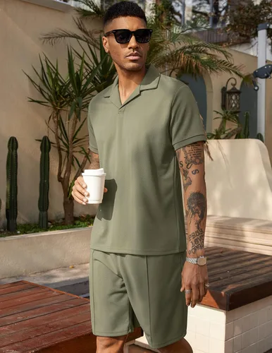 Vista 2 de COOFANDY Conjunto de camisa polo y pantalones cortos para hombre, trajes de verano de 2 piezas, pantalones cortos, trajes de moda casuales de manga