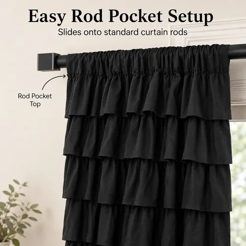 Vista 6 de Cortinas negras con volantes, 2 paneles, paneles de ventana con volantes de 12 capas, cortinas de estilo rústico para dormitorio, baño, bolsillo