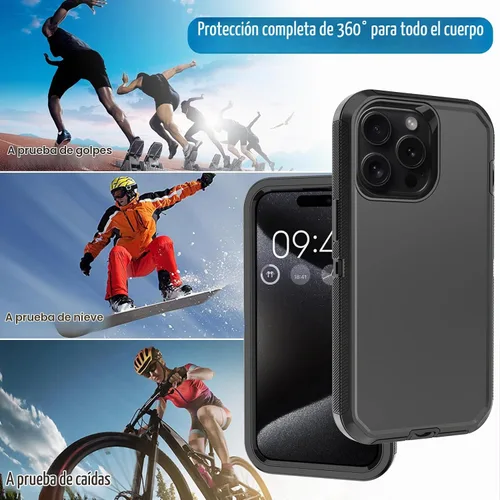 Vista 6 de Funda para iPhone 15 Pro Max con 2 protectores de pantalla, protección contra caídas a prueba de golpes, cuerpo completo, resistente, 3 capas, Negro