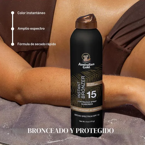 Vista 4 de Australian Gold - Protector solar en aerosol continuo con bronceador instantáneo SPF 15, brillo inmediato y secado rápido, amplio espectro