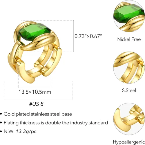 Vista 2 de EF ENFASHION Anillo de piedra verde de acero inoxidable chapado en oro con circonita y cristal para mujeres y niñas talla de EE UU 678 Acero