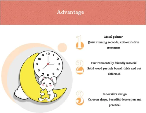 Vista 3 de Decorative Cartoon Moon Rabbit Wall Clock Creative Mute Wall Clock Battery Operated Silent Non-Ticking Clock for Kids Room School Decor Hotel Reloj
