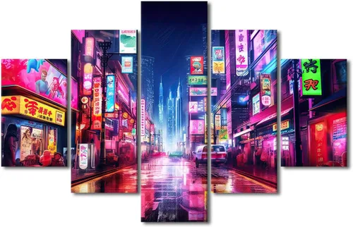 Vista 54 de Póster de 5 paneles en lienzo para decoración de pared, diseño de centro urbano Cyberpunk, impresión moderna, decoración de pared para el hogar