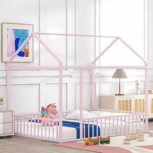 Vista 23 de Cama juguetona en forma de casa de tamaño matrimonial con estantes y luces, marco de cama de metal con techo para niños, adolescentes y adultos, un