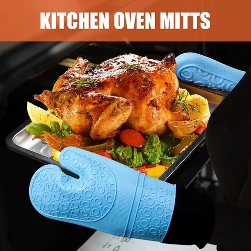 Vista 5 de Guantes de horno de silicona resistentes al calor, impermeables, mango flexible, lavable para comida caliente, color azul, extra largo