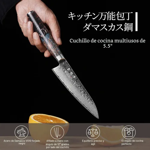 Vista 7 de Cuchillo utilitario japonés de 5.5", acero Damasco VG10 de 67 capas forjado