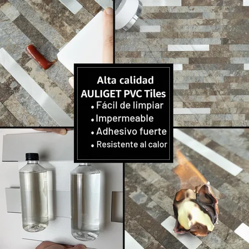 Vista 5 de AULIGET 20 hojas de pizarra beige y marrón para despegar y pegar, azulejos de pared de metal mixto de PVC plateado para salpicaduras para cocina