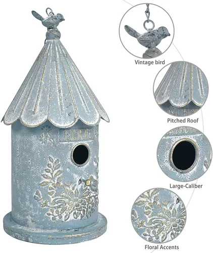 Vista 4 de Casas de pájaros colgantes de metal para exteriores, casitas de pájaros para exteriores, nido de pájaros único para pájaros azules, pajarillos