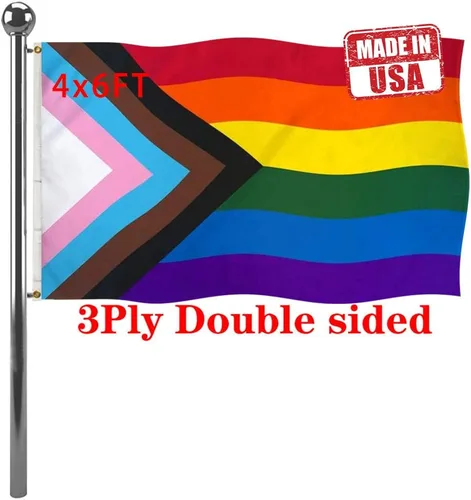 Vista 9 de Jayus Bandera de arco iris de doble cara inclusive Progress Pride de 2 x 3 para exteriores, banderas de arcoíris LGBTQ resistentes con 2 ojales