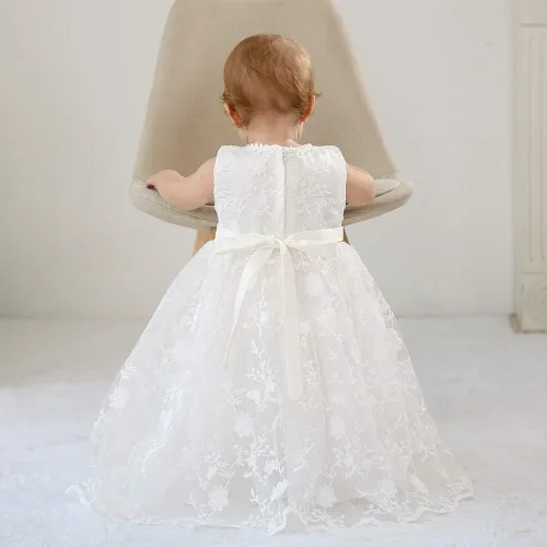 Vista 7 de CareCheer Sleeveless Ivory Long Baby Girl Christening Baptism Dress Flower Girl Dedication Blessing Gown