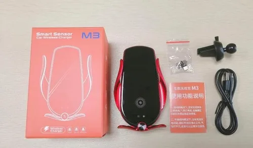 Vista 5 de Cargador inalámbrico M3 negro con sensor automático para ventilación de aire para coche, soporte para teléfono de 15 W, carga rápida, iOS Android