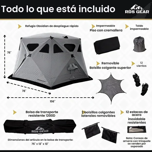 Vista 6 de Obsidiana - Refugio de campamento resistente para 4 estaciones, capacidad para 6-8 personas, tienda de campaña emergente instantánea, aislada