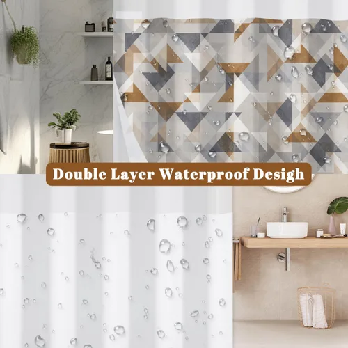 Vista 4 de No Hook Geometric Shower Curtain with Snap in Liner - 71″W x 74″L Waterproof Fabric with Mesh Top Window, Modern Abstract Triangle Design Bath