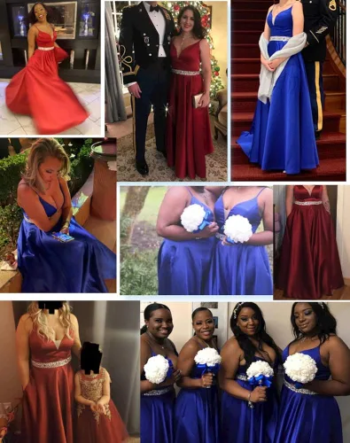 Vista 7 de Yexinbridal Vestido de fiesta con tirantes delgados con purpurina y cuentas largas de satén con cuello en V