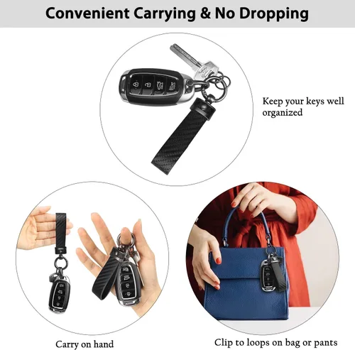 Vista 2 de QBUC Llavero de coche estilo fibra de carbono, llavero portallaves de cuero de microfibra para hombres y mujeres, con giratorio de 360 grados, Negro