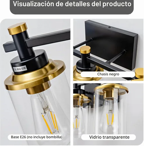 Vista 5 de Accesorios de Luz de Baño de 3 Luces, Accesorio de Luz de Tocador Negro y Dorado Cepillado Sobre Espejo, Apliques de Pared Modernos Iluminación