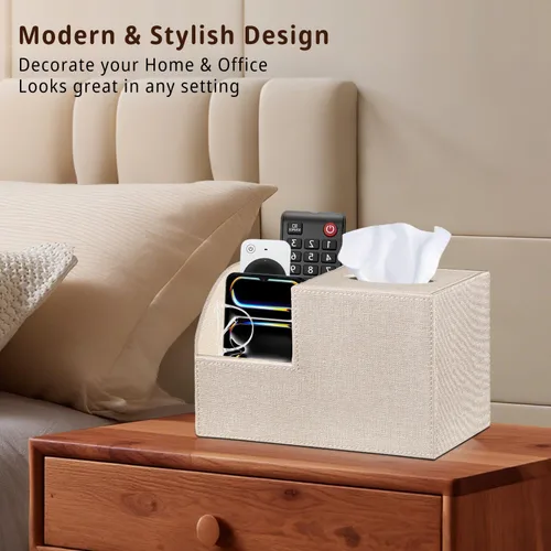 Vista 2 de Funda cuadrada de cuero PU para caja de pañuelos – Soporte multifuncional para caja de pañuelos, cubierta de caja de pañuelos con almacenamiento