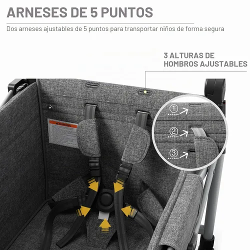 Vista 7 de EVER ADVANCED - Carros plegables para dos niños y carga, carro plegable colapsable con mango ajustable, toldo extraíble con arnés de 5 puntos, negro