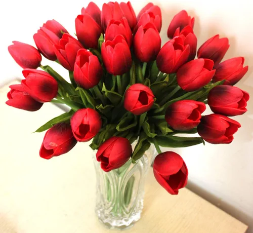 Vista 18 de Flores artificiales, 10 cabezas, mini tulipán artificial de tacto real para decoración del hogar, boda, fiesta, centro de mesa (negro)