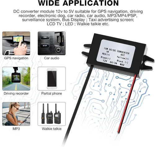 Vista 6 de Convertidor CC Voltaje 12V a 5V 3A 15W Buck Convertidor Module, DC Regulador de Voltaje Reducido Adaptador de Corriente de Coche con Adaptador