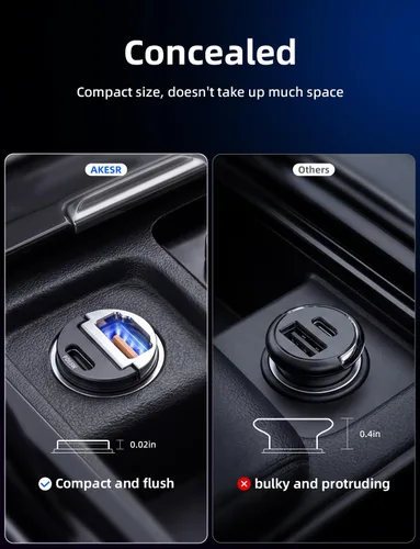 Vista 2 de AKESR Cargador de coche USB C de 65 W de carga rápida, accesorios de salida USB de 12 V para Carro, adaptador compacto para encendedor