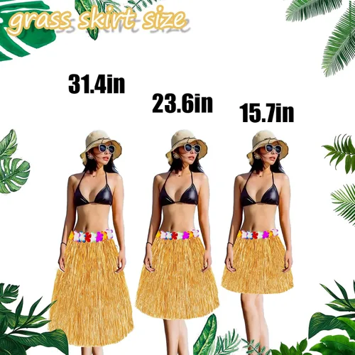 Vista 2 de Faldas de hierba de rafia natural, 4 piezas, flores tropicales, Luau Hula decoraciones para adultos, mujeres y hombres, hawaianas