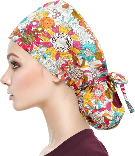 Vista 34 de QBA Gorra de trabajo ajustable con botón, gorro forrado de satén, gorro de trabajo de algodón, banda elástica para atar en la espalda, unisex