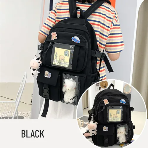 Vista 2 de Mochila Kawaii con lindos accesorios con colgante de pasador de viaje, bolsa grande para portátil al aire libre, impermeable, casual, mochila