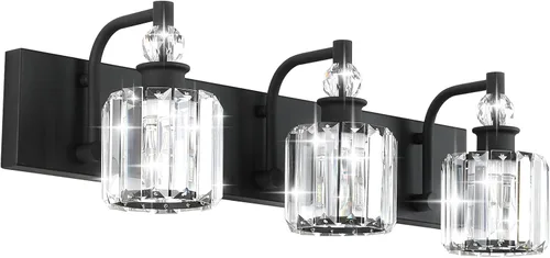 Vista 18 de Ralbay - Luces de tocador de cristal, 2 luces, modernas lámparas de cromo de cristal para iluminación de baño, para usar sobre el espejo