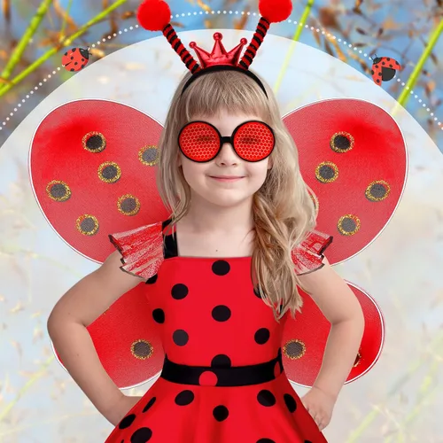 Vista 3 de Janmercy 7 piezas de disfraz de mariquita para niñas, vestido de mariquita con tutú de lunares, vestido de fiesta de Halloween, regalo para niños