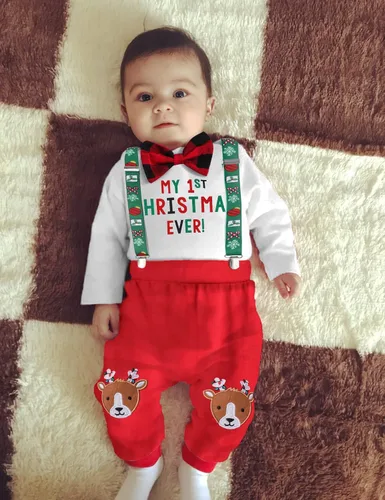 Vista 2 de KANGKANG My First Christmas Baby Boy - Conjunto de 2 piezas para bebé de Navidad pantalones de reno