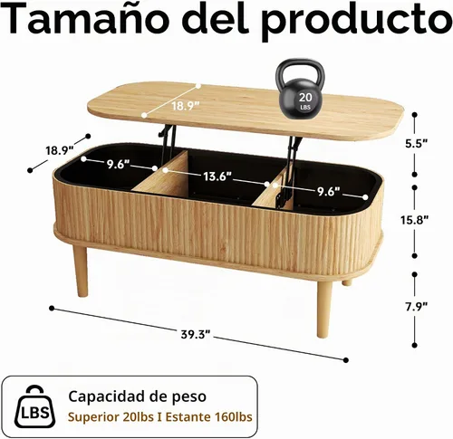 Vista 2 de Mesa de centro acanalada con tapa elevable y almacenamiento oculto, mesa de centro ovalada con tapa elevable, diseño moderno de mediados de siglo