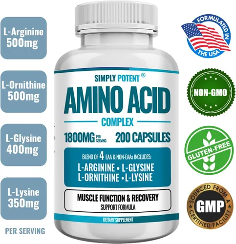 Vista 3 de Simply Potent Complejo de aminoácidos 1800 mg 200 cápsulas, mezcla de 4 aminoácidos esenciales y no esenciales, incluye L-arginina 550 mg