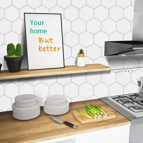 Vista 2 de Azulejos hexagonales de alta calidad para despegar y pegar, blanco impermeable para salpicaduras, azulejos de mármol autoadhesivos para cocina, baño