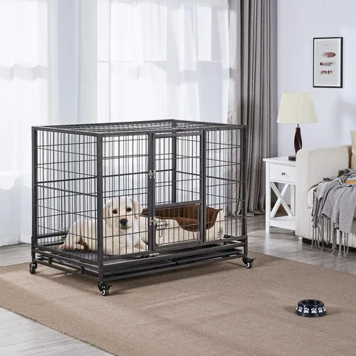 Vista 2 de Yaheetech Jaula de perro resistente a prueba de escapes de 43 pulgadas con puertas dobles, 2 bandejas extraíbles, ruedas bloqueables, perrera