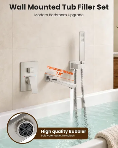 Vista 3 de gotonovo - Grifo de bañera montado en la pared con rociador de mano, juego de grifo de ducha giratorio de 180°, sistema de ducha de baño de una sola