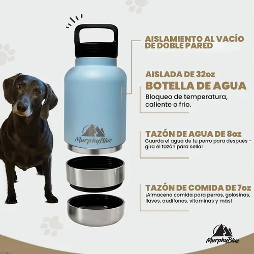Vista 4 de MurphyBlue Botella de agua para perros 32 onzas de acero inoxidable aislado de capacidad, tapa con mosquetón integrado, cuencos desmontables