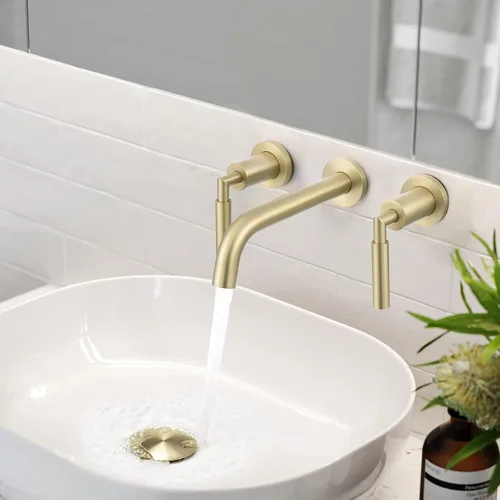 Vista 3 de RBROHANT RB0736D - Grifo de montaje en pared dorado con drenaje desplegable para fregadero sin desbordamiento, grifo de fregadero de baño de doble
