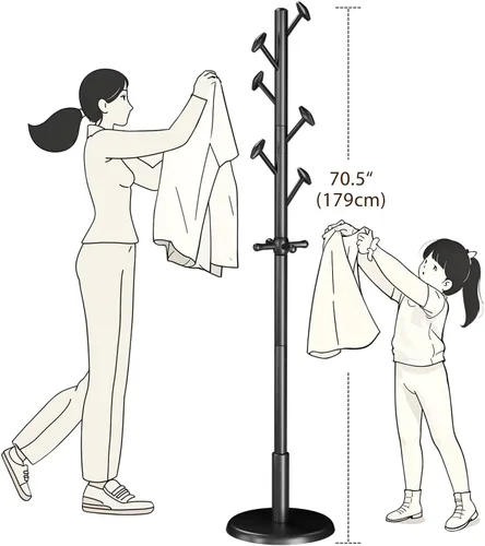 Vista 7 de Taitiy Perchero de madera maciza independiente con 10 ganchos para dormitorio, sala de estar, entrada, soporte resistente para sombreros, abrigos