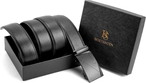 Vista 7 de BOSTANTEN Cinturón de cuero con trinquete para hombre con hebilla ajustable deslizante, corte para adaptarse, Negro