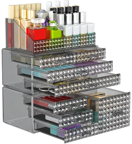 Vista 9 de Paquete de 3 organizadores de maquillaje apilables [actualizados], estuches de almacenamiento de cosméticos acrílicos con 8 cajones organizadores